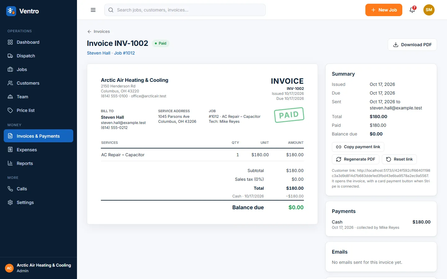 A Ventro invoice with line items, tax and a paid stamp