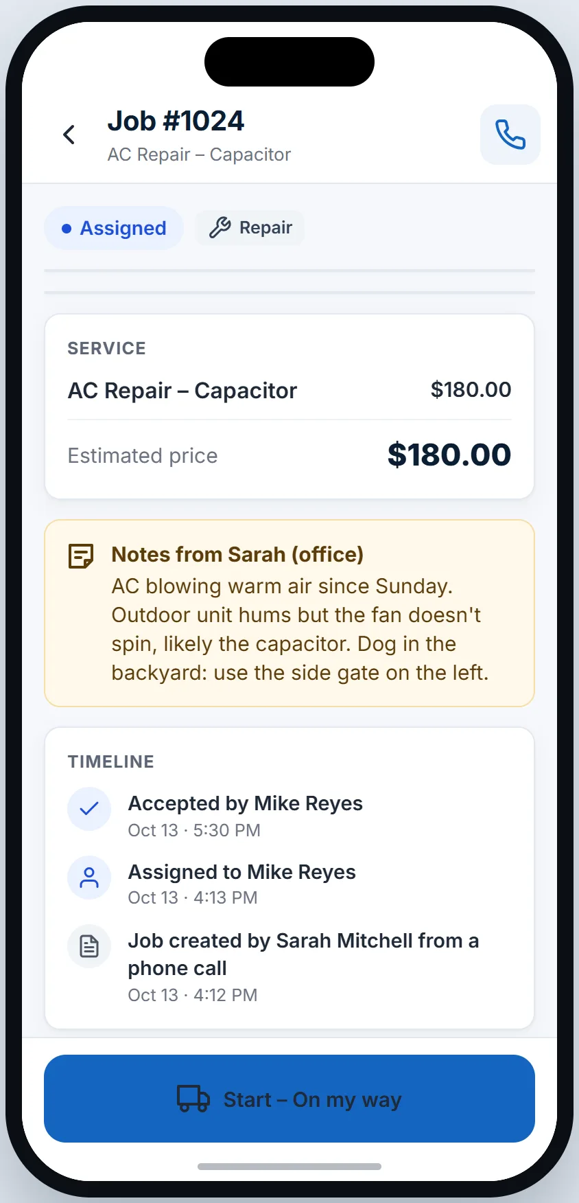 The Ventro technician app showing a job with the price, the office notes and a Start button