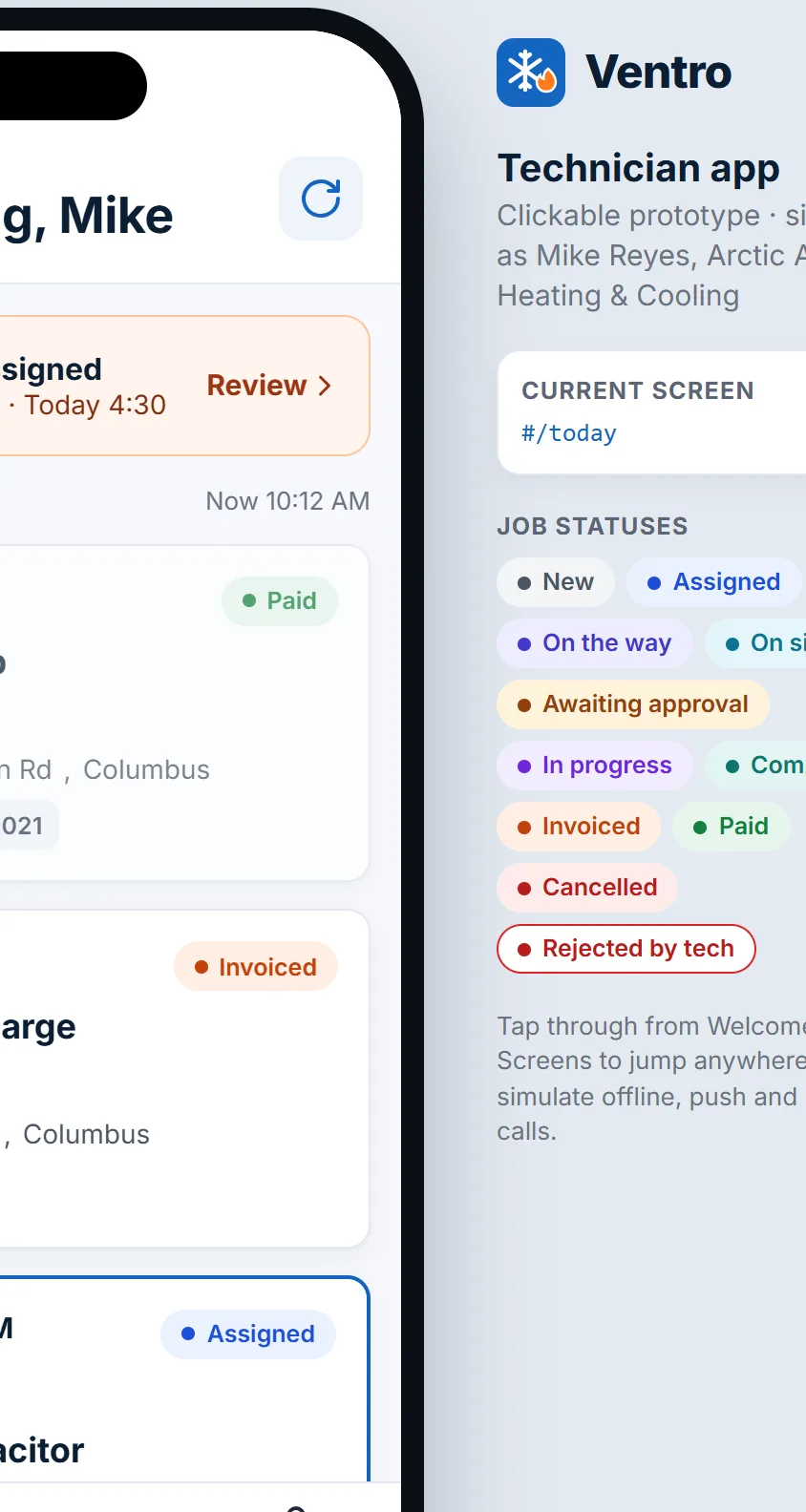 The technician app showing today's jobs